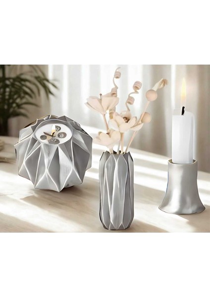 Doğal Taş Döküm 3'lü Mumluk ve Vazo Seti, Şık ve Doğal Dekorasyon Ürünü