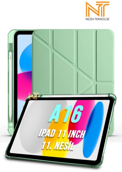 iPad 11. Nesil A16 2025 11 Inch Uyumlu Tri Folding Kalem Bölmeli Uyku Modlu Akıllı Kılıf