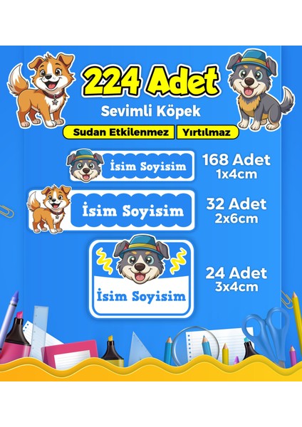 Sevimli Köpek Temalı Okul Kreş Kişiye Özel Isim Etiket Seti - Model 426