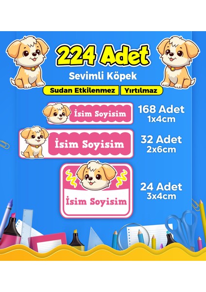 Sevimli Köpek Temalı Okul Kreş Kişiye Özel Isim Etiket Seti - Model 415