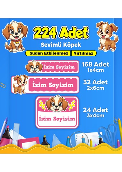 Sevimli Köpek Temalı Okul Kreş Kişiye Özel Isim Etiket Seti - Model 421