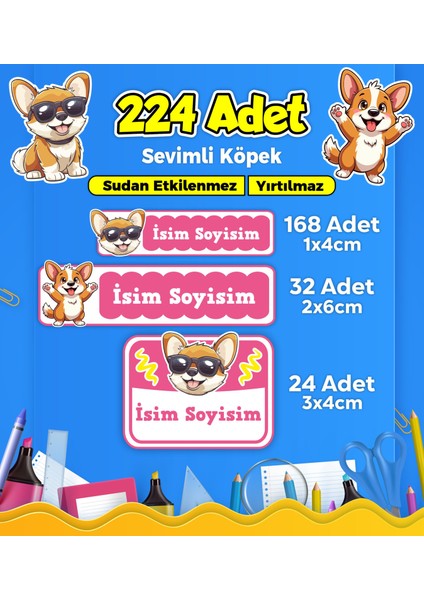 Sevimli Köpek Temalı Okul Kreş Kişiye Özel Isim Etiket Seti - Model 419