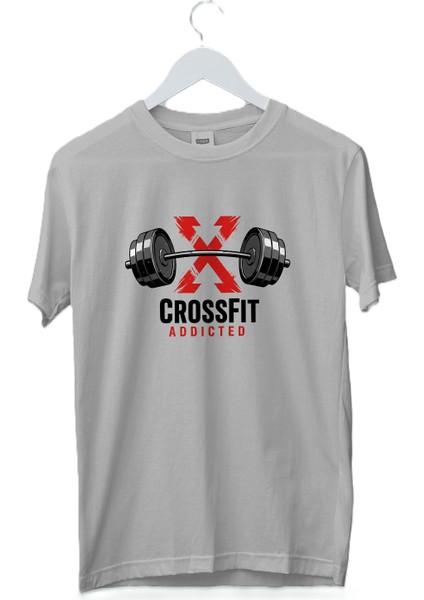 Kadın Erkek Unisex Yetişkin Crossfit Addicted Baskılı Beyaz Gri Tshirt