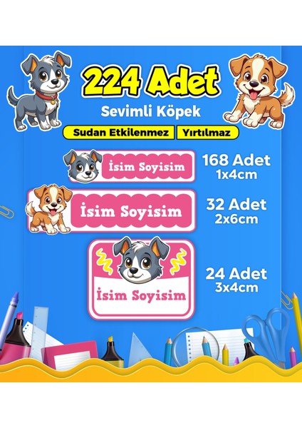Sevimli Köpek Temalı Okul Kreş Kişiye Özel Isim Etiket Seti - Model 423
