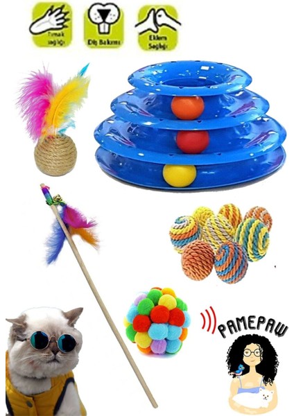 Renkli Toplu Yuvarlak Kedi Oyuncağı, Tüy Toplama Eldiveni, Tırnak Makası ve Lazer Eğlence