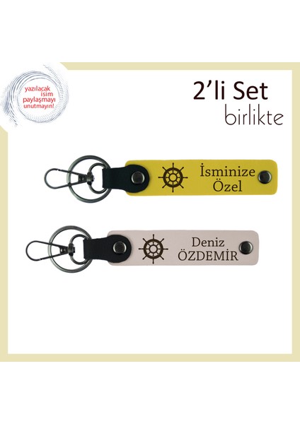 Sevgilinizle Ortak Bir Rotanın Simgesi, Gemi Motifli Deri Anahtarlık Takımı, Sarı-Pudra