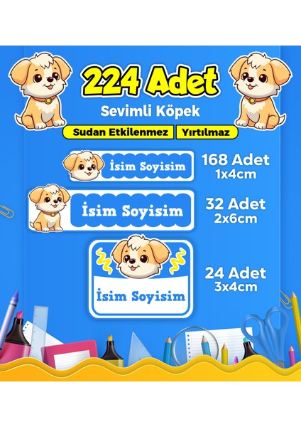 Sevimli Köpek Temalı Okul Kreş Kişiye Özel Isim Etiket Seti - Model 416
