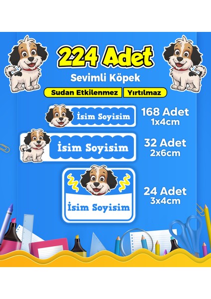 Sevimli Köpek Temalı Okul Kreş Kişiye Özel Isim Etiket Seti - Model 428