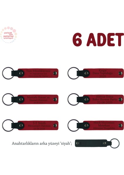 Sosyal Bilgiler Atölye Ekibine, 6'lı Set, Kişiye Özel Yazılı Deri Hatıra Anahtarlık, Kırmızı & Siyah