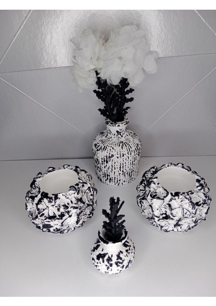 Şık Siyah Beyaz Dekoratif Süs Eşyalı Vazolu Takım, Çiçekli ve Hediye Seçenekli