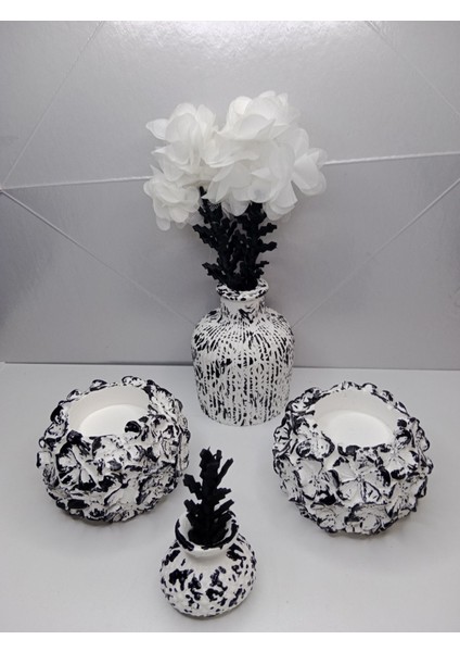 Şık Siyah Beyaz Dekoratif Süs Eşyalı Vazolu Takım, Çiçekli ve Hediye Seçenekli fiyatları