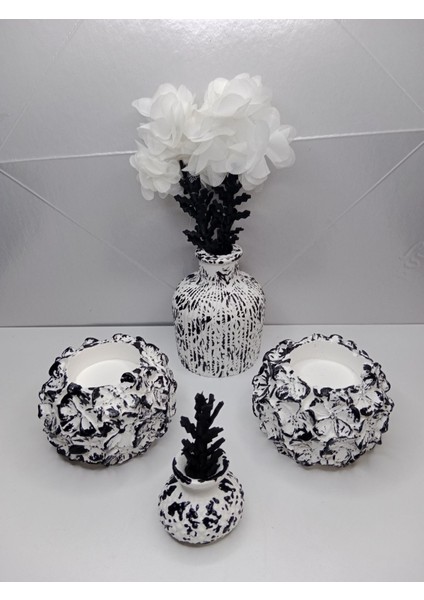 Şık Siyah Beyaz Dekoratif Süs Eşyalı Vazolu Takım, Çiçekli ve Hediye Seçenekli modelleri