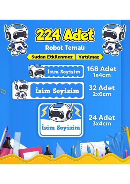 Sevimli Robot Temalı Okul Kreş Kişiye Özel Isim Etiket Seti - Model 429