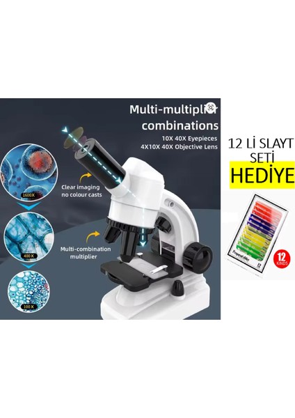 1600X Mobil Uyumlu Telefon Tutuculu 2 LED Işıklı Aksesuarlı 12'li Örnek Seti Hediyeli Mikroskop Seti