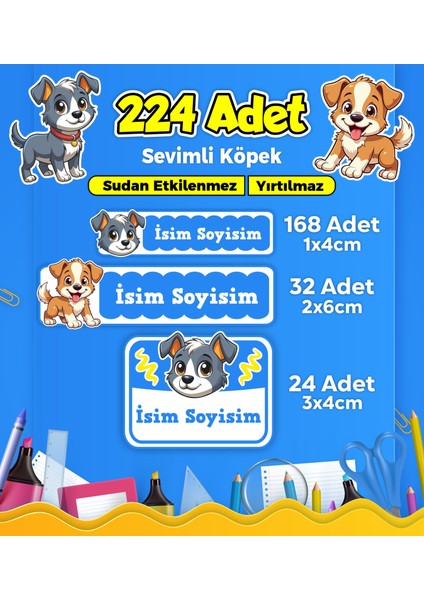 Sevimli Köpek Temalı Okul Kreş Kişiye Özel Isim Etiket Seti - Model 424