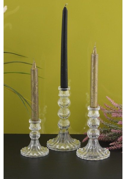 Şeffaf 3'lü Cam Şamdan Seti, Dekoratif ve Şık Mumlukler.