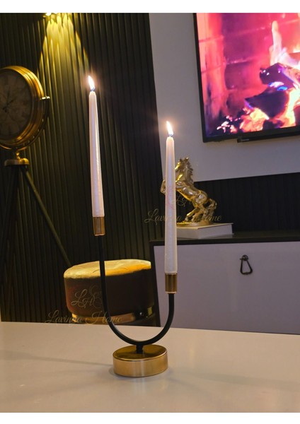 Altın ve Siyah Detaylı Dekoratif Metal U Model Şamdan, Şık ve Zarif Dekorasyon Parçası