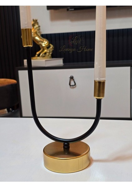 Altın ve Siyah Detaylı Dekoratif Metal U Model Şamdan, Şık ve Zarif Dekorasyon Parçası fırsatları