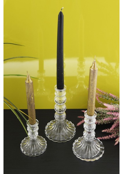 Şeffaf 3'lü Cam Şamdan Seti, Dekoratif ve Şık Mumlukler. indirimleri