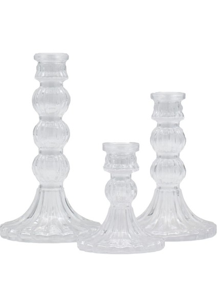Şeffaf 3'lü Cam Şamdan Seti, Dekoratif ve Şık Mumlukler.