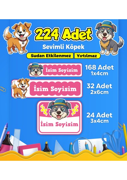 Sevimli Köpek Temalı Okul Kreş Kişiye Özel Isim Etiket Seti - Model 425