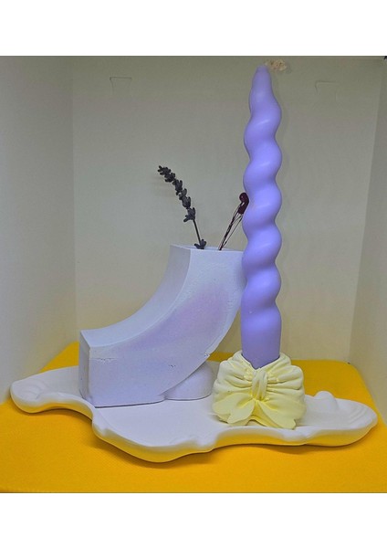 Mor Spiral Mumlu Fiyonk Şamdan ve Dekoratif Sunum Tabağı Seti