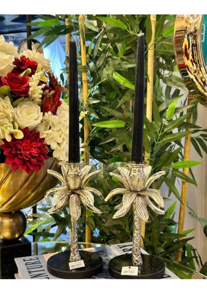 Gri 2'li Yaprak Model Şamdan, Şık ve Zarif Dekoratif Aksesuar