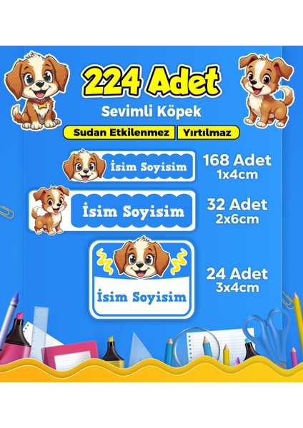 Sevimli Köpek Temalı Okul Kreş Kişiye Özel Isim Etiket Seti - Model 422