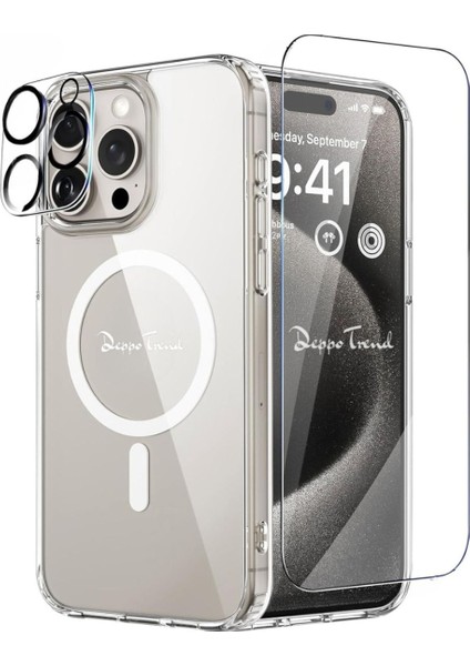 iPhone 15 Pro Max Uyumlu Kılıf Kamera Koruma Camı Ekran Koruyucu Şeffaf Magsafe Temperli Cam Koruma