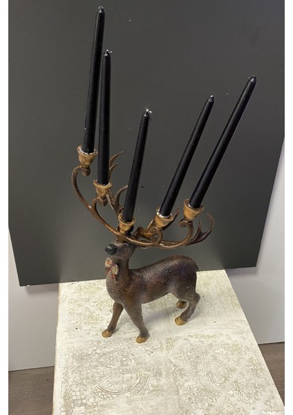 Kahverengi 5'li Yılbaşı Geyik Şamdan Seti, Sıcak ve Şık Dekorasyon Parçası