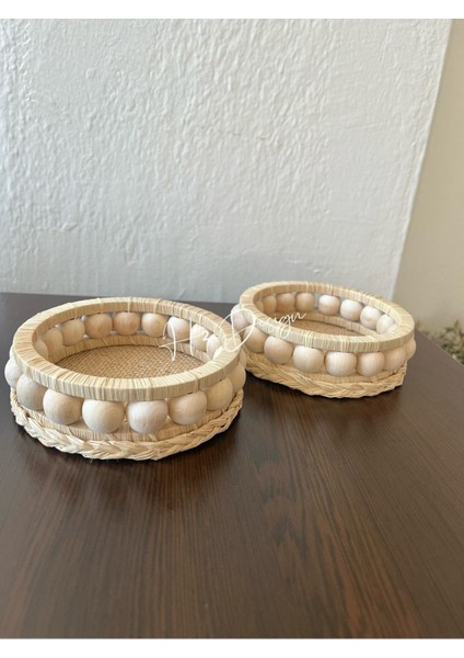 Doğal Rafya ve Ahşap Boncuklu 2'li Mumluk Takımı, Şık ve Sıcak Atmosfer Için