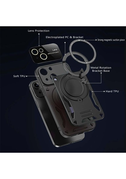 iPhone 15 Uyumlu Kılıf Magsafe Standlı Kamera Lens Korumalı Darbelere Dayanıklı Renkli Tank Kapak modelleri