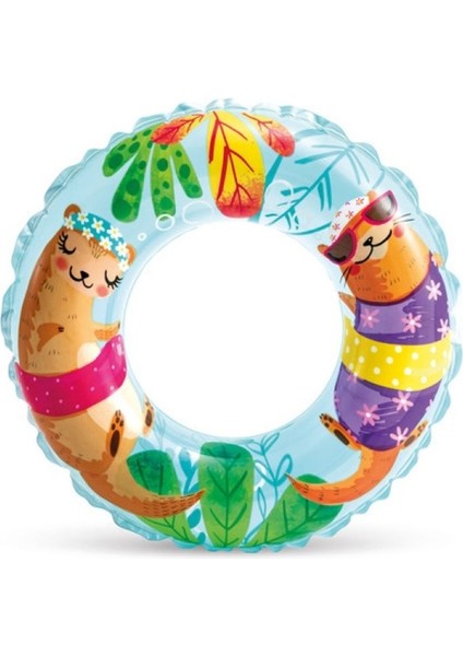 Gök Mavisi Çocuk Yüzme Simidi, Şeffaf Desenli, 61CM, Renkli, Eğlenceli ve Güvenli