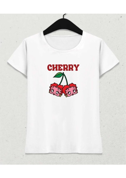 Crimson Cherry Vibes – Feminine Fit T-Shirt Beyaz