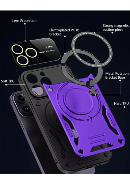 iPhone 14 Pro Max Uyumlu Kılıf Magsafe Standlı Kamera Lens Korumalı Dayanıklı Renkli Tank Kapakk