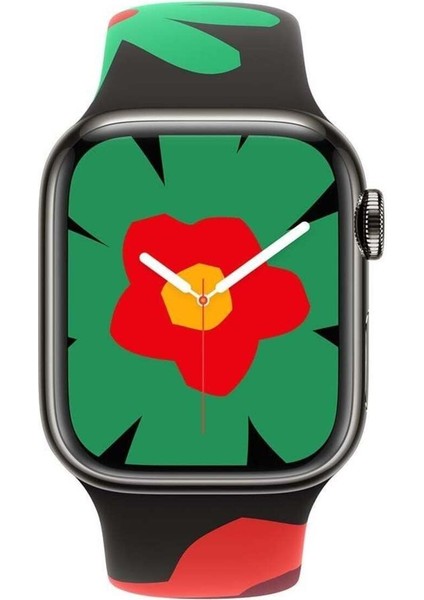 Apple Watch 9 8 7 6 5 4 3 2 1 Se 38MM Uyumlu Kordon Silikon Flower Desenli Black Unity Spor Kordon