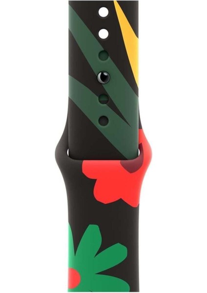 Apple Watch 9 8 7 6 5 4 3 2 1 Se 38MM Uyumlu Kordon Silikon Flower Desenli Black Unity Spor Kordon