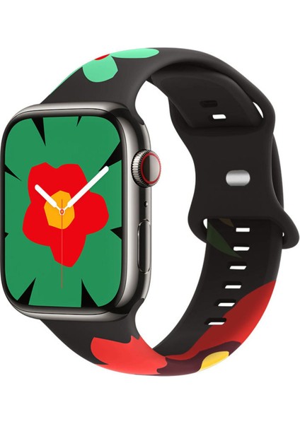 Apple Watch 9 8 7 6 5 4 3 2 1 Se 38MM Uyumlu Kordon Silikon Flower Desenli Black Unity Spor Kordon