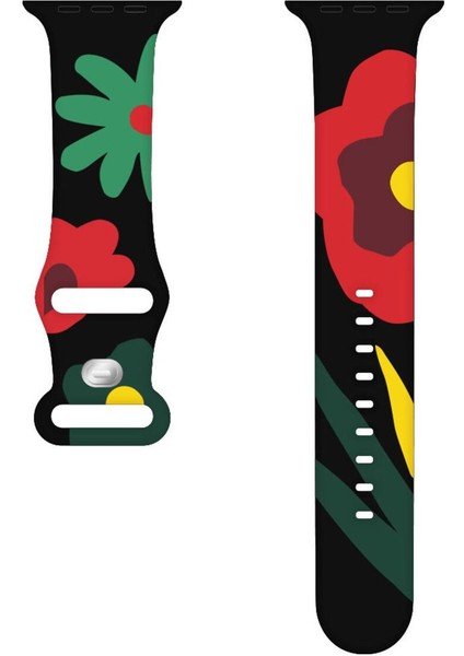 Apple Watch 9 8 7 6 5 4 3 2 1 Se 38MM Uyumlu Kordon Silikon Flower Desenli Black Unity Spor Kordon