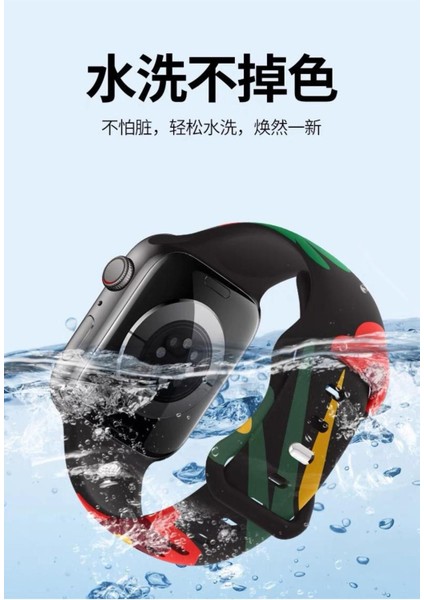 Apple Watch 9 8 7 6 5 4 3 2 1 Se 38MM Uyumlu Kordon Silikon Flower Desenli Black Unity Spor Kordon