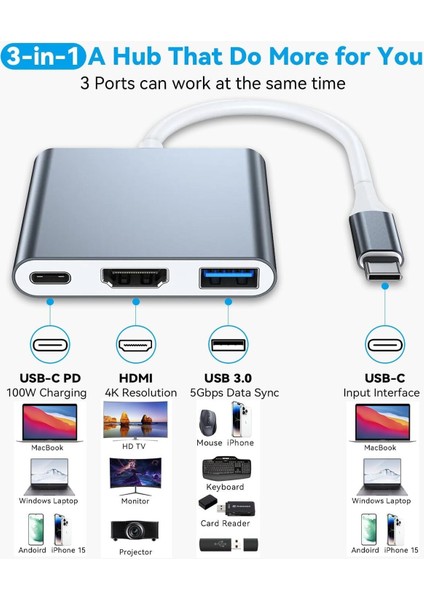 Ipad Iphone 16 Pro Max Uyumlu Type-C To 4K HDMI Hub Usb-C Type-C Pd USB Çevirici 3in1 Dönüştürücü fiyatları