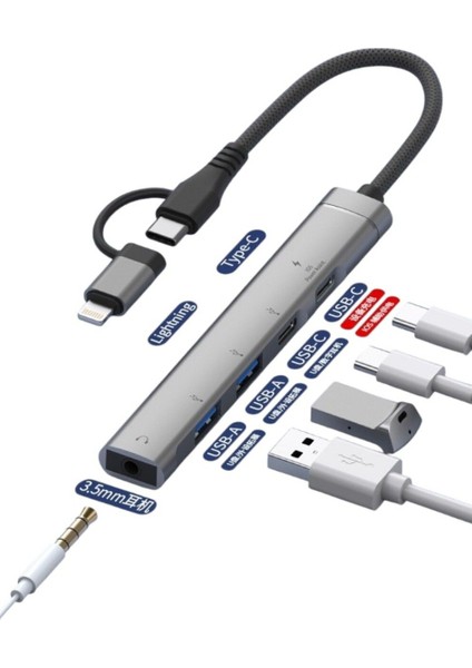 iPhone 11/12/13/14/15 Plus/16 Pro Max Uyumlu Type-C/lightning To Usb/type-C/3.5mm Jack Çevirici Hub