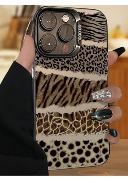 iPhone 14 Pro Uyumlu Kılıf Leopar Desenli Kahverengi Çizgili Metalik Tuşlu Kamera Kenar Çıkıntılı