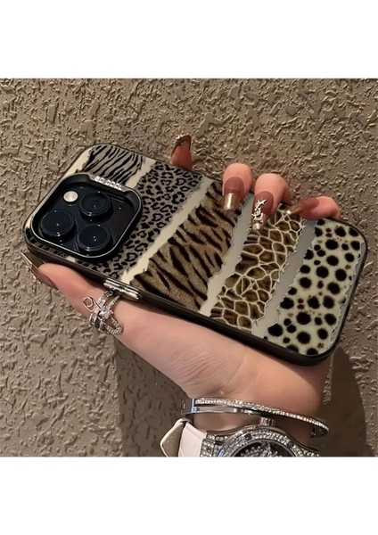 iPhone 14 Pro Uyumlu Kılıf Leopar Desenli Kahverengi Çizgili Metalik Tuşlu Kamera Kenar Çıkıntılı fiyatları