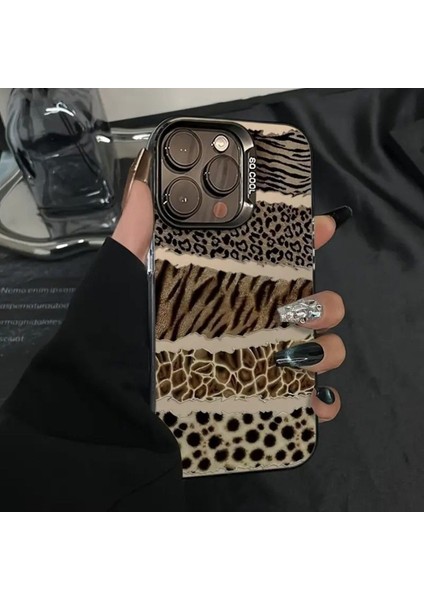iPhone 14 Pro Uyumlu Kılıf Leopar Desenli Kahverengi Çizgili Metalik Tuşlu Kamera Kenar Çıkıntılı modelleri