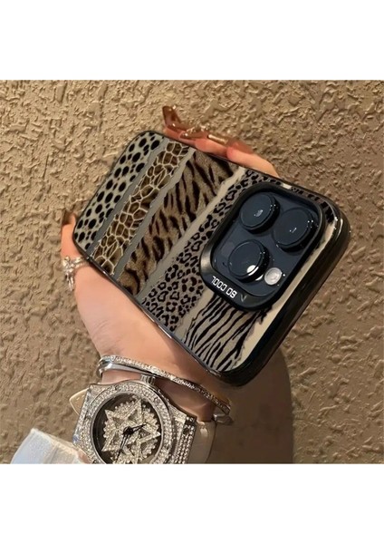 iPhone 14 Pro Uyumlu Kılıf Leopar Desenli Kahverengi Çizgili Metalik Tuşlu Kamera Kenar Çıkıntılı fırsatları