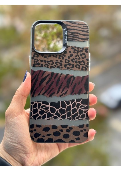iPhone 14 Pro Uyumlu Kılıf Leopar Desenli Kahverengi Çizgili Metalik Tuşlu Kamera Kenar Çıkıntılı indirimleri