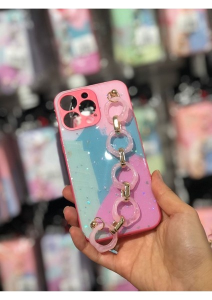 Apple Iphone 13 Pro Uyumlu Kılıf 3D Kamera Korumalı Zincirli El Askılı Koyu Pembe Silikon Kapak