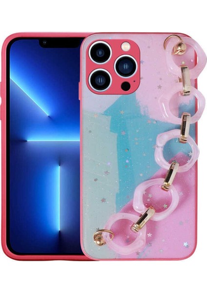Apple Iphone 13 Pro Uyumlu Kılıf 3D Kamera Korumalı Zincirli El Askılı Koyu Pembe Silikon Kapak fiyatları