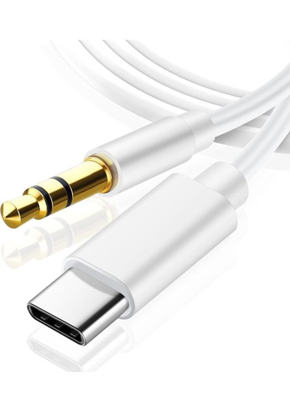 Samsung Xiaomi Uyumlu Aux Kablosu Type-C To Jack Çevirici Dönüştürücü Beyaz Bluetooth Gerektirmez